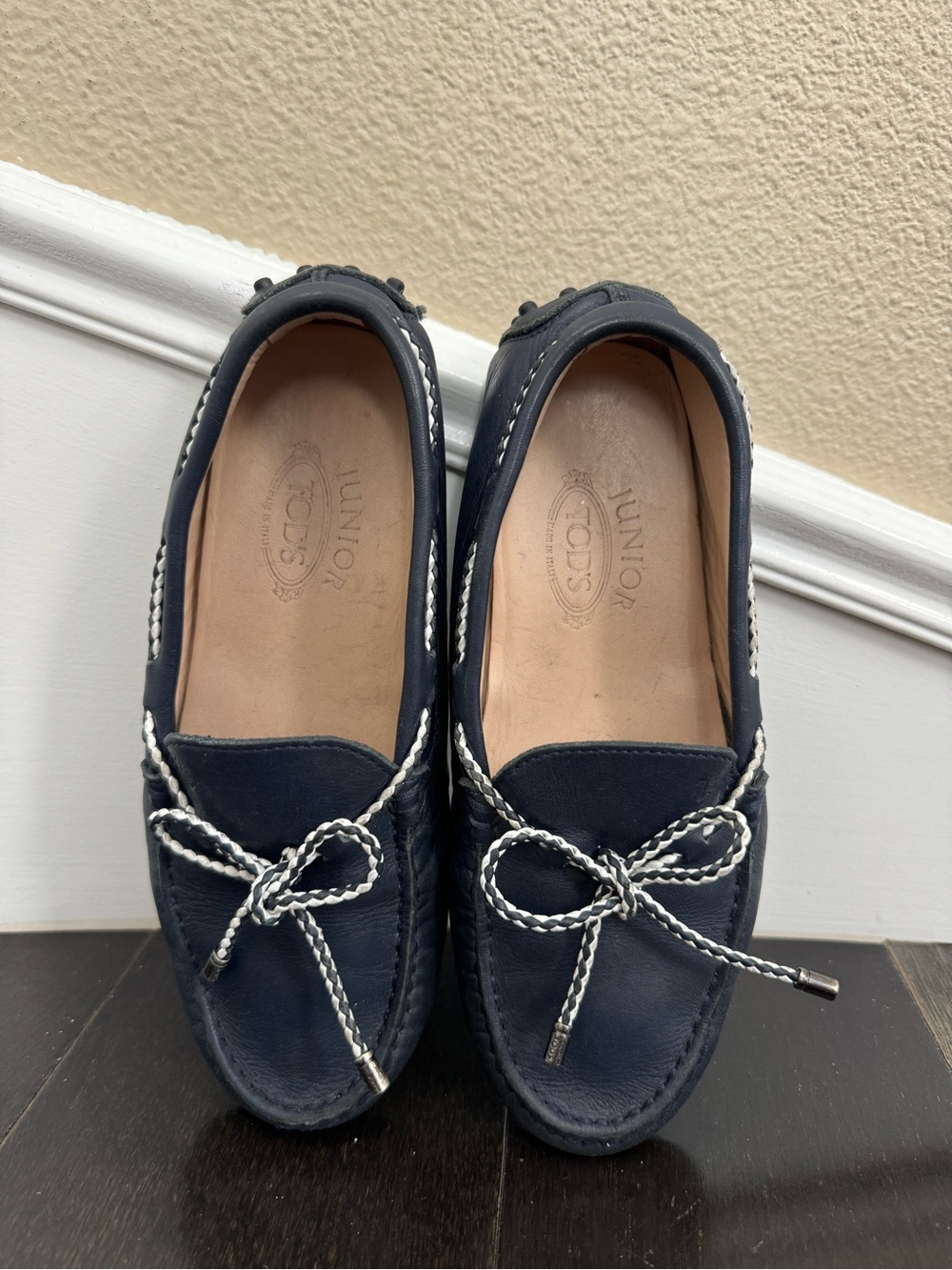 TOD'S Navy Leather Moccasin Loafers with Braided Contrast Laces